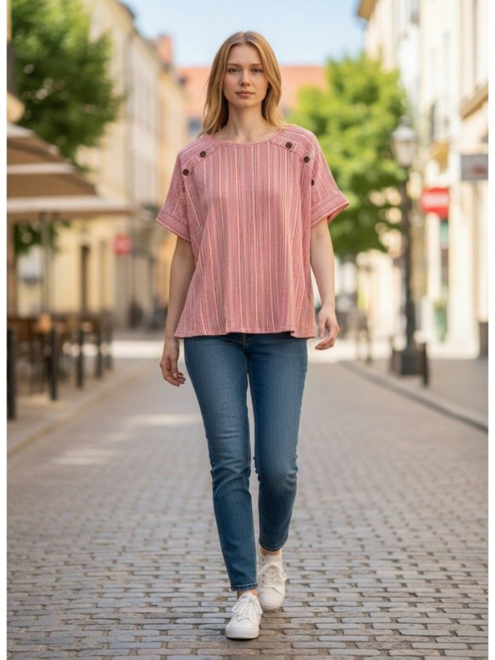 Westbound Womens Red Pink Striped Button-Accent Short Sleeve Top 2X Rayon